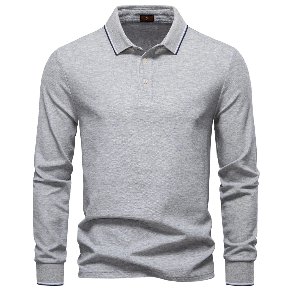 Men's Henley Neck Polo Shirt Cotton Solid Color Long Sleeve Autumn Winter Premium Luxury Mens Top