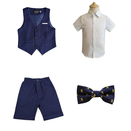 Boys Formal Birthday Photograph Suit Kids Summer Vest Shirt Short Bowtie Wedding Dress Teenager Suit Children Graduation Costume