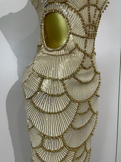 Women Hot Sale Sleeveless Sexy Strap Pearl Beading Sequins Bodycon Long Dress Celebrate Evening Party Birthday Outfit Vestido