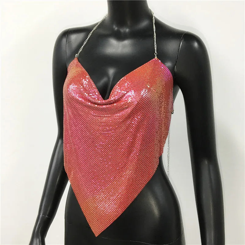 Shiny Metal Sequins Tank Tops For Women Sexy Backless V Neck Adjustable Chain Crop Top Lady Festival Rave Party Club Camisole
