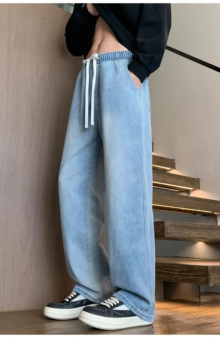 Calças masculinas casuais, calças retas soltas, primavera verão, nova moda, jeans masculinos de cintura alta com pernas largas