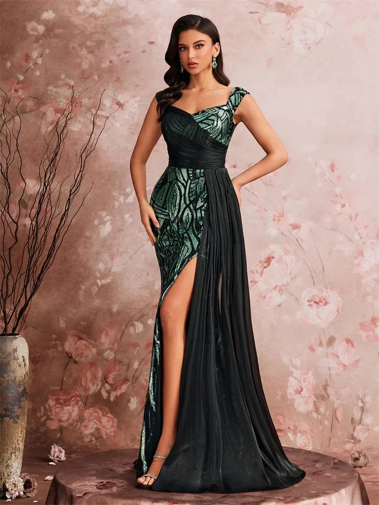 Elegant Splice Sequins Slit Evening Dresses Women Sleeveless Mermaid Formal Luxury Party Streamer Cocktail Gowns