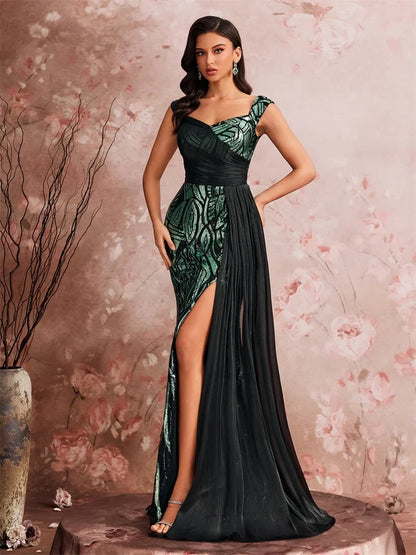 Elegant Splice Sequins Slit Evening Dresses Women Sleeveless Mermaid Formal Luxury Party Streamer Cocktail Gowns