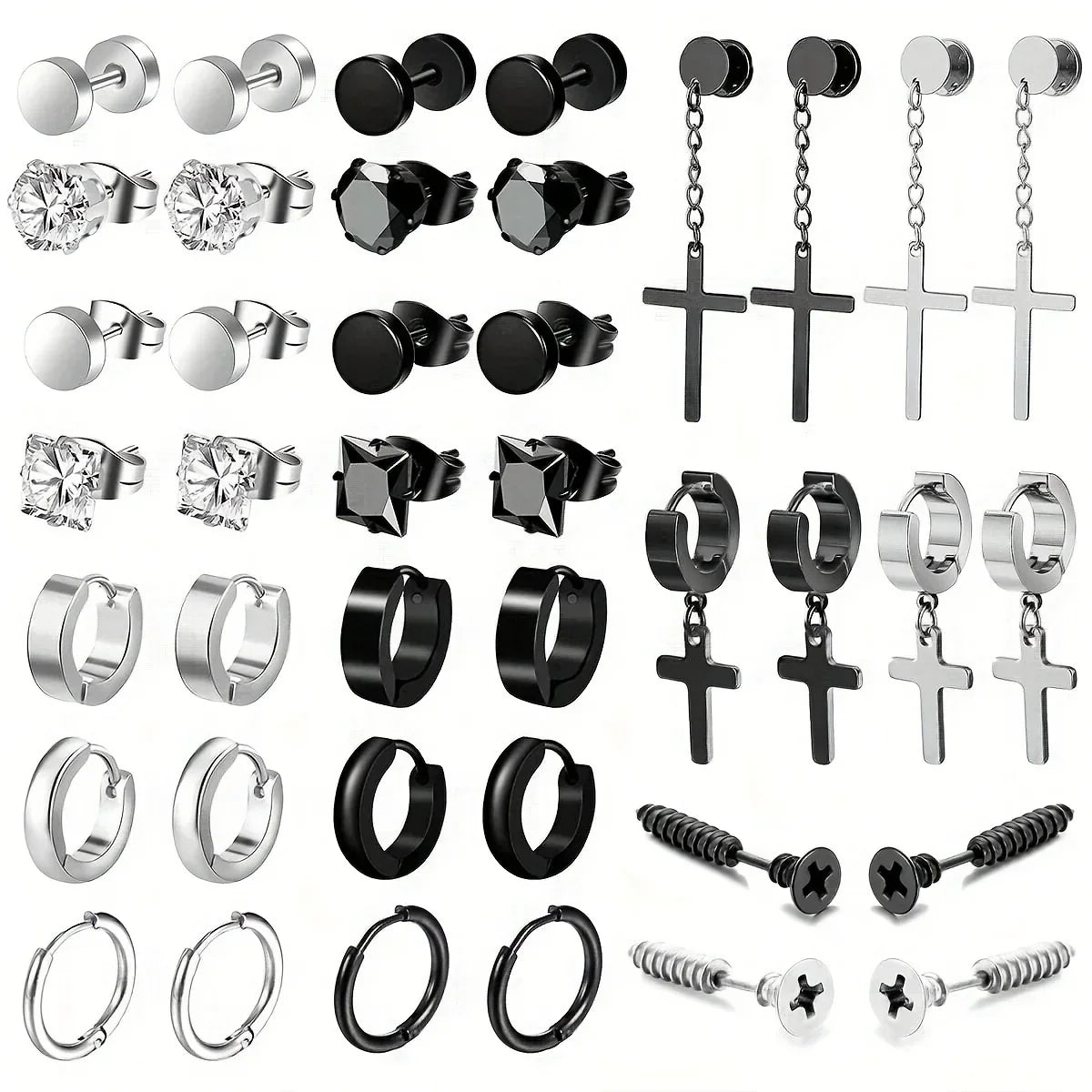 Simple Stainless Steel Zircon Stud Earrings For Men, Cross Pendant Hoop Earrings For Daily Wear