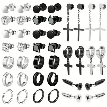 Simple Stainless Steel Zircon Stud Earrings For Men, Cross Pendant Hoop Earrings For Daily Wear