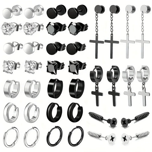 Simple Stainless Steel Zircon Stud Earrings For Men, Cross Pendant Hoop Earrings For Daily Wear