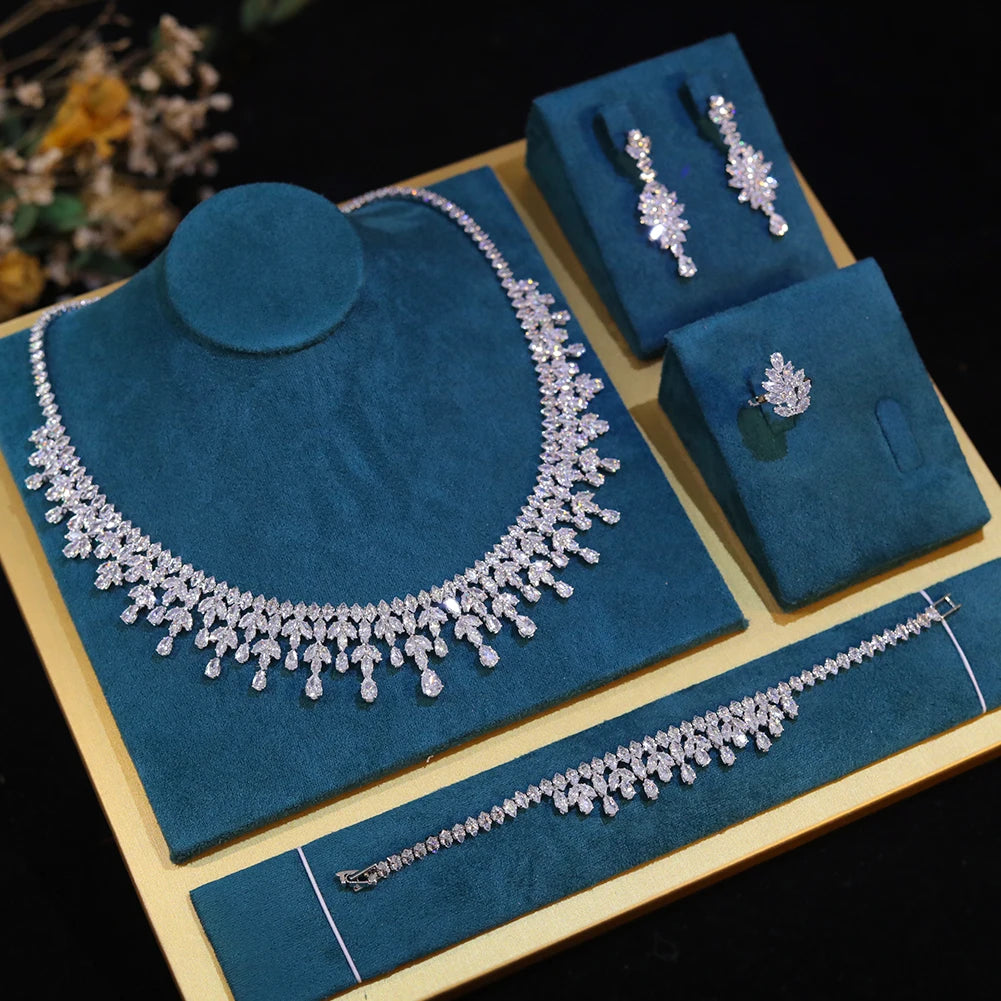 Dubai Jewelry Sets Leaf Design Bridal Necklace Earring Set 5A Cubic Zirconia Femme Ladies Wedding Accessories