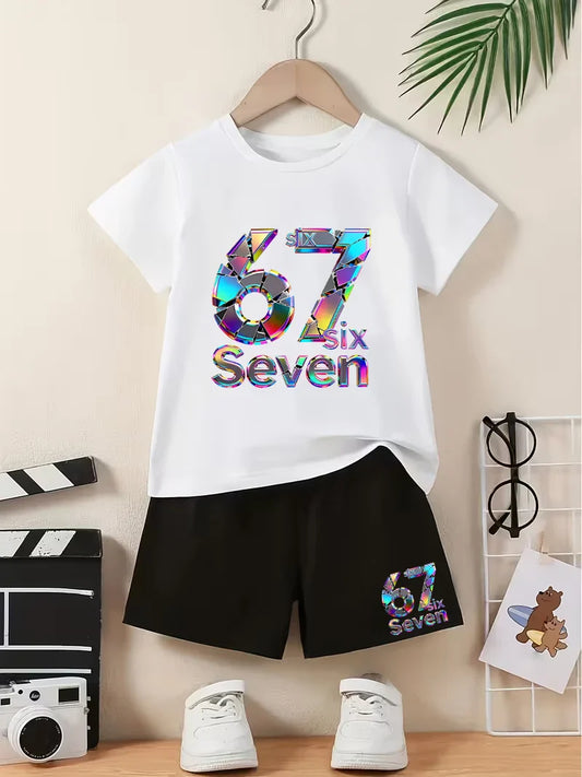Number 67 Six Seven  2-Piece Set, Holographic Cool and stylish Print T-Shirt + Shorts, Casual Summer Outfit for Boys & Girls