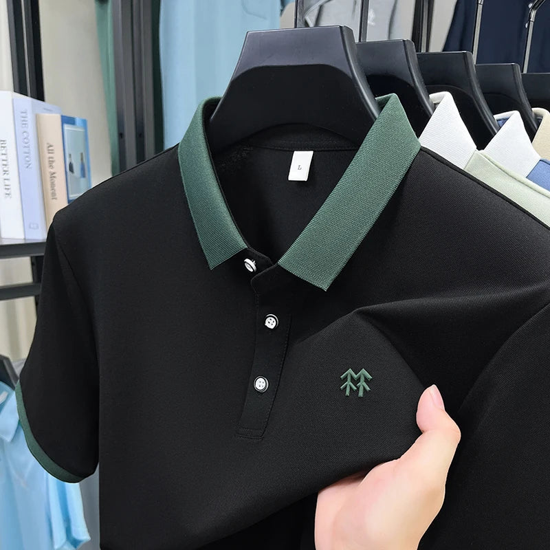 Designer brand silk cotton short sleeve polo shirt summer new Korean casual men's T-shirt fashion embossed soft breathable top