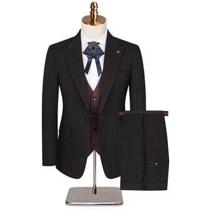 Men's Classic Formal Pinstripe Tuxedos Suits 3 Pieces Slim Fit Blazer Peak Lapel Two Button Groomsmen Wedding Dress Business