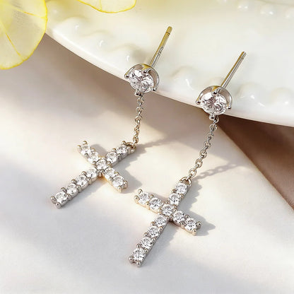 Cross Shape Full Moissanite Drop Earrings for Women Men 925 Sterling Silver Long Diamond Earring with Certificate Fine Jewelry