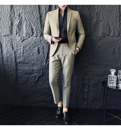 Men's Korean Style Slim Fit Suit Set, High Quality Fabric Solid Color Edge Pressing for Wedding Business