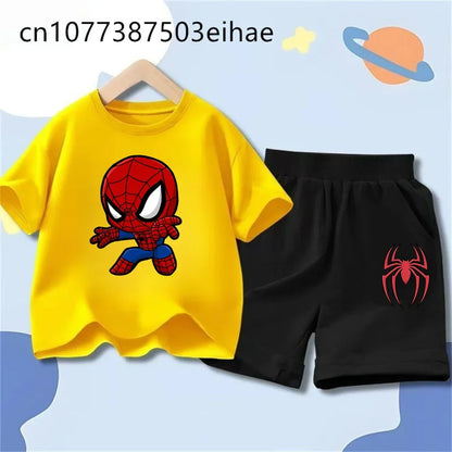 Spider-Man Trendy New Style Children Summer Outfit Cartoon Pattern Short Sleeve Tee Sports Shorts Loose Breathable Wear Gift