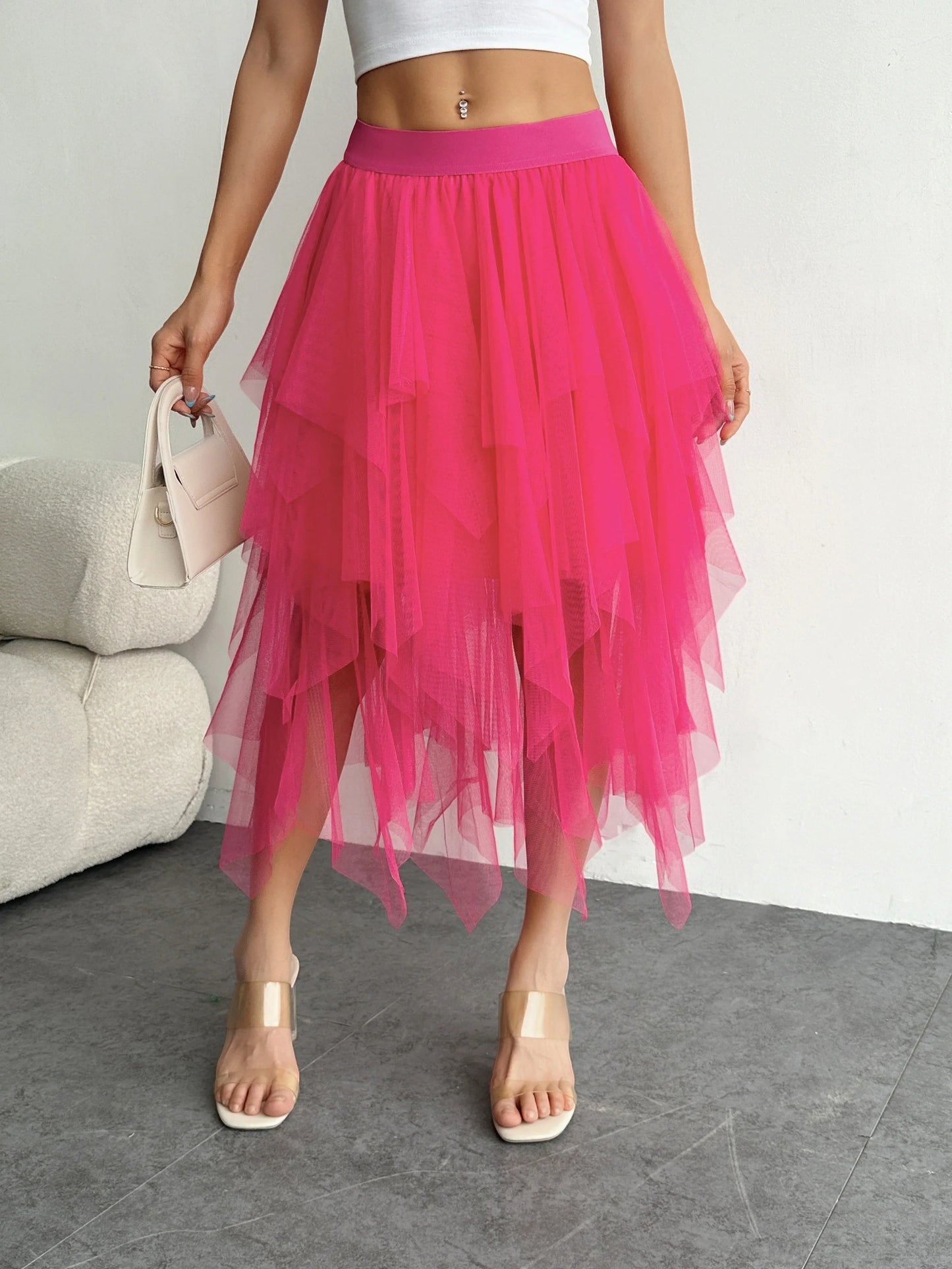 Ladies' high waisted elastic waist layered chiffon midi skirt with irregular asymmetric hem party casual mesh fairy ballet skirt