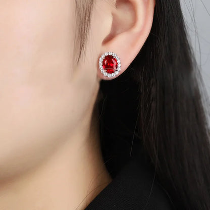 Classic Oval 6*8mm Red/Blue Zircon Stud Earrings For Women 100% 925 Sterling Silver Sparkling Wedding Fine Jewelry