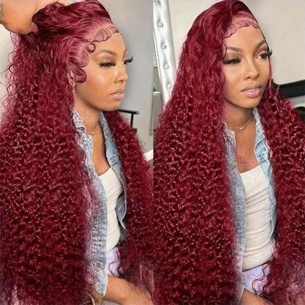 99J Burgundy Lace Front Wigs Human Hair 13x6 Deep Wave HD Lace Frontal Wigs Pre Plucked Human Hair Curly Wigs for Women 36 Inch