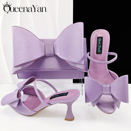 Fashion Newest Arrival Lilac Pointed Toe Women Heel Shoes Matching Bag Set for Ladies Wedding Party Pump
