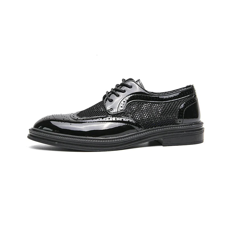 Fashion Derby Leather Men Shoes Summer Breathable White Brogue Lace Up Solid Dress Shoes Business Casual Party Wedding Shoes Men