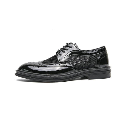 Fashion Derby Leather Men Shoes Summer Breathable White Brogue Lace Up Solid Dress Shoes Business Casual Party Wedding Shoes Men