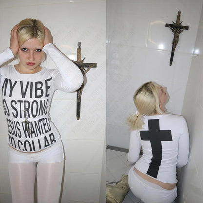 Women's Vintage Harajuku Gothic Hip Hop Emo Girl Casual Long Sleeve Tee Sexy Slim Chic Print Crop Top Grunge Punk Y2K Streetwear