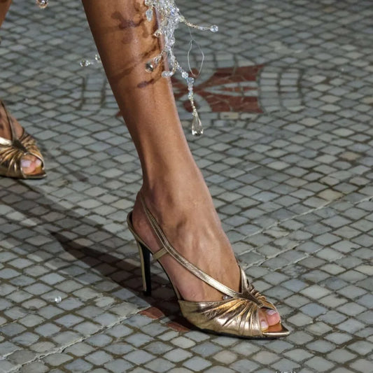 Metal Leather Peep Toe Banquet Shoes Pointed Toe Back Strap Sexy Super High Heel Sandals Modern Sandals