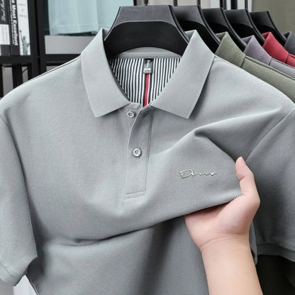 Brand 100%pure cotton short sleeve polo shirt men's new fashion letter embossed business casual solid color summer lapel T-shirt