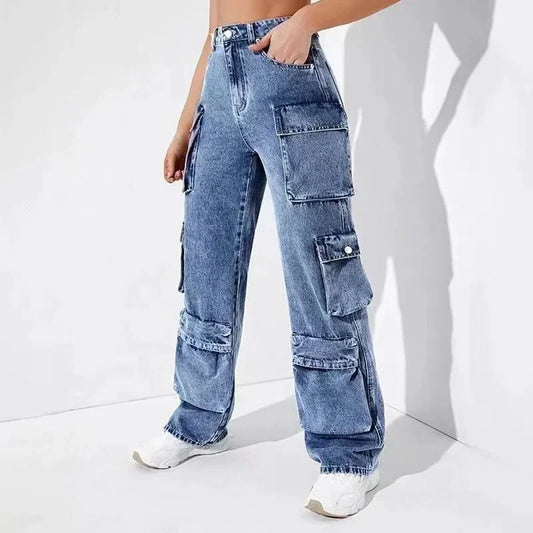 Jeans Women Straight Cargo Pants Denim High Waist Vintage Pockets Button Basics Ankle Length Trousers 2024 Autumn Streetwear