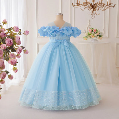 Summer Flower Bridesmaids Party Girls Dress Elegant Sequin Tulle Wedding Princess Prom Dresses for Girl Birthday Evening Costume