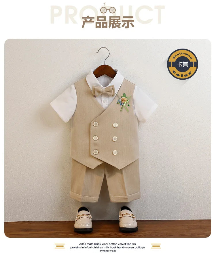 Boys Summer Vest Shorts Performance Suit Children Formal Wedding Dress Kids Photography Suit Baby Birthday Ceremony Costume
