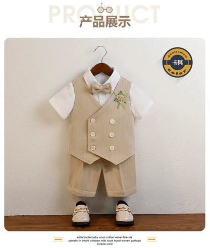 Boys Summer Vest Shorts Performance Suit Children Formal Wedding Dress Kids Photography Suit Baby Birthday Ceremony Costume