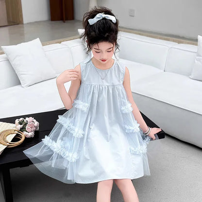 Cute blue lace sleeveless dress With Bag princess dress For 2-10 Yrs baby girls Children Clothes 6.1 Children's Day Clothing