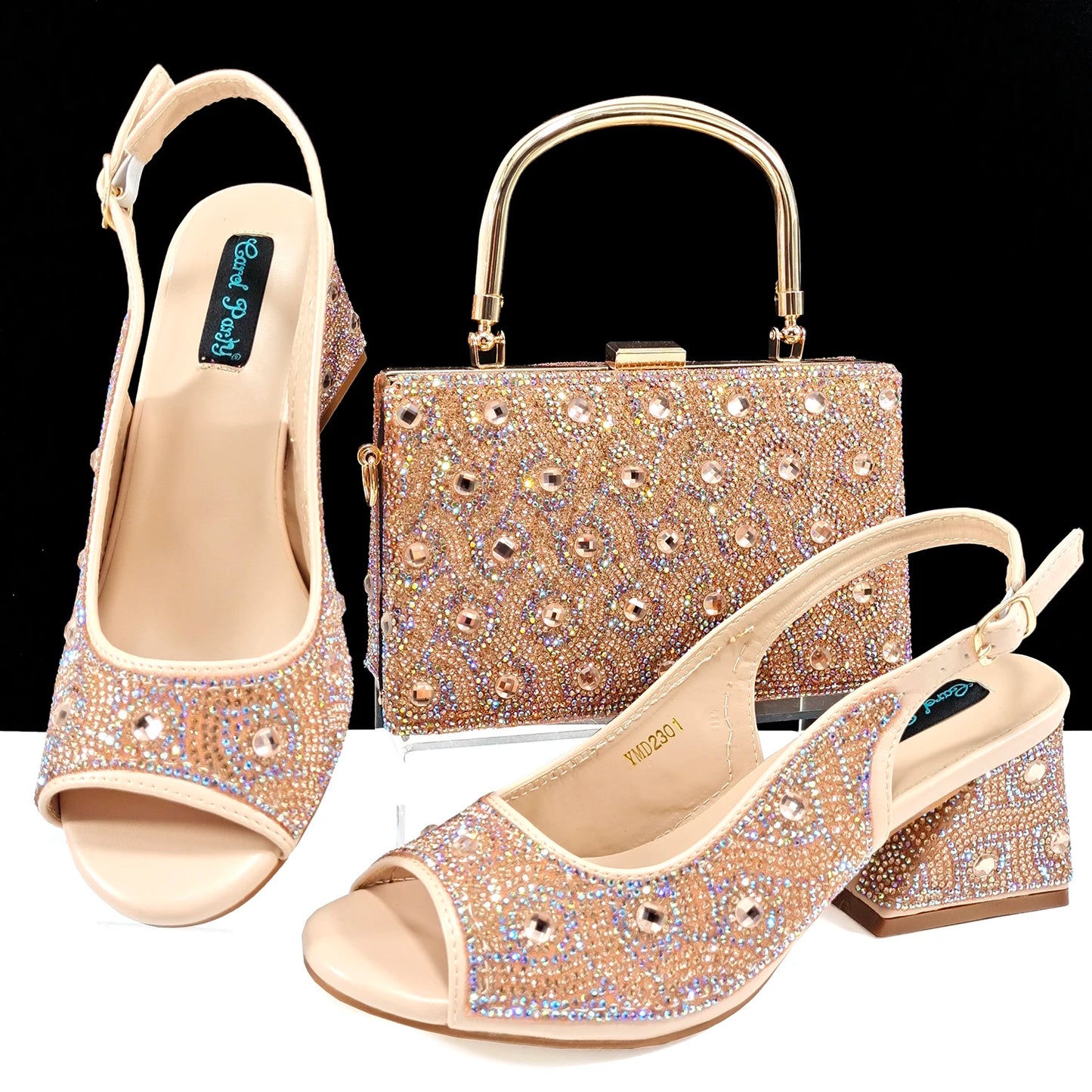 Q Rhinestone Design INS Hot Sale New Arrivals African Shoes and Bag Set in Green Color Open Toe Comfortable Women Heels