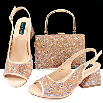 Q Rhinestone Design INS Hot Sale New Arrivals African Shoes and Bag Set in Green Color Open Toe Comfortable Women Heels