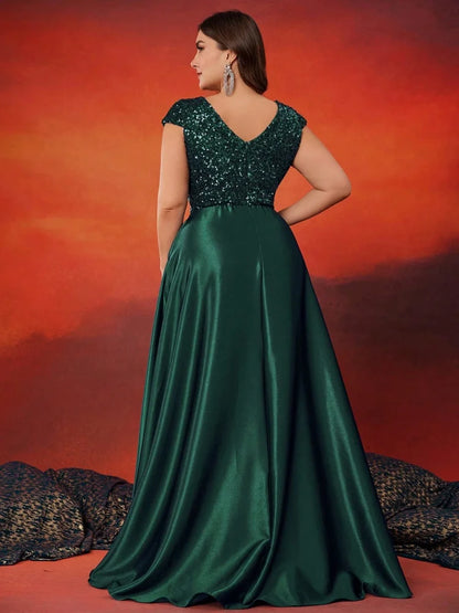 Plus Size Elegant V-Neck Red Sequins Evening Dress Long Luxury Women Satin Sleevesless Party Prom Cocktail Gowns