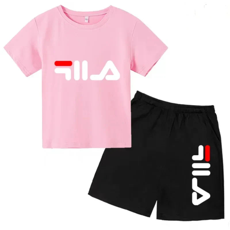 Kids Gift Sports Short-Sleeved Round Neck Black Letters Fashion White T-shirt+Shorts Summer Boy Girl Casual Outdoor Jogging Suit