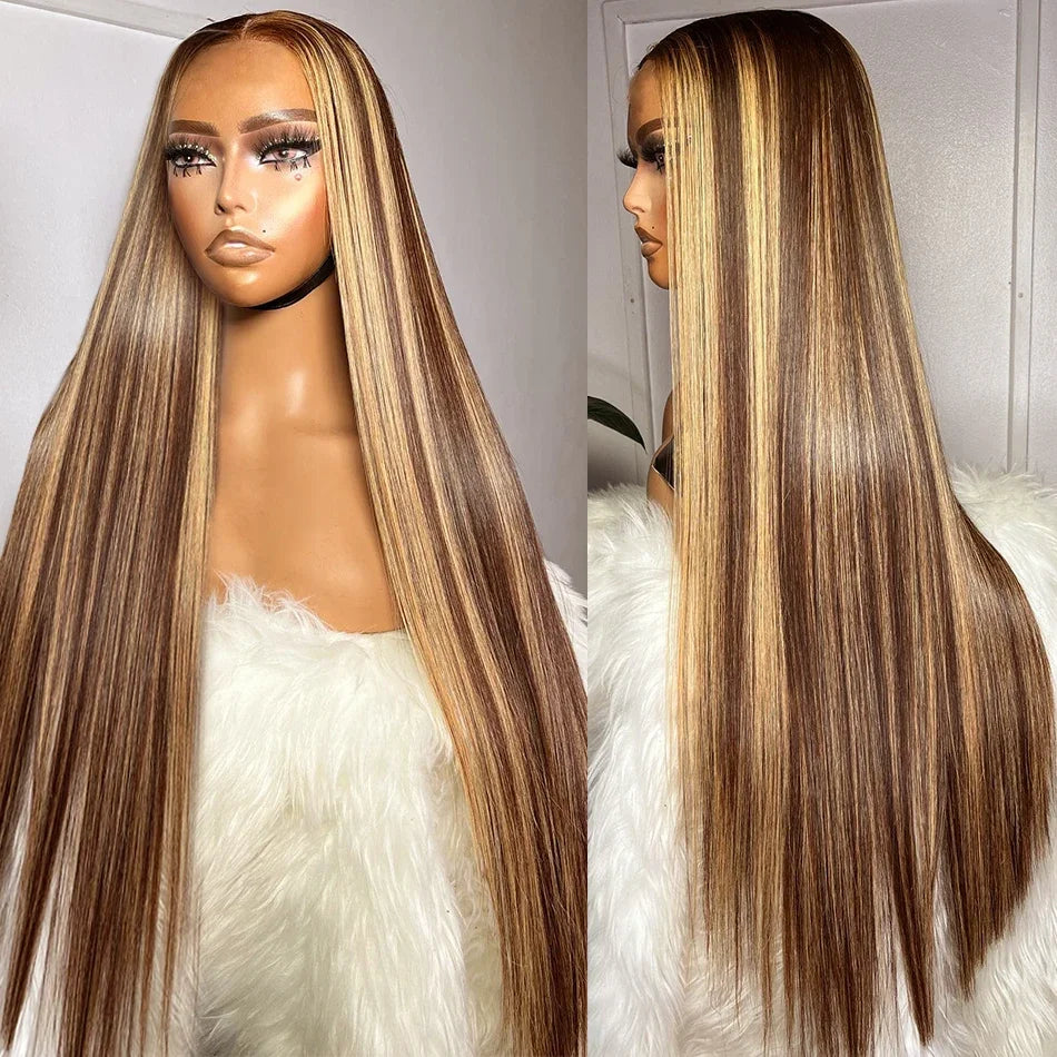 Brown P4/27 Straight 13x4 Lace Frontal Human Hair Wigs Brazilian Highlight Colored Lace Front Wig For Women 28 30 32 34 36 Inch