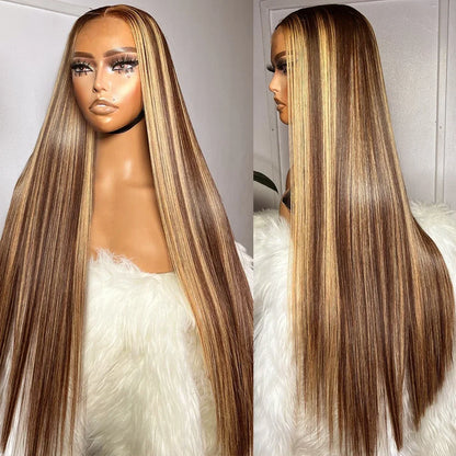 Brown P4/27 Straight 13x4 Lace Frontal Human Hair Wigs Brazilian Highlight Colored Lace Front Wig For Women 28 30 32 34 36 Inch