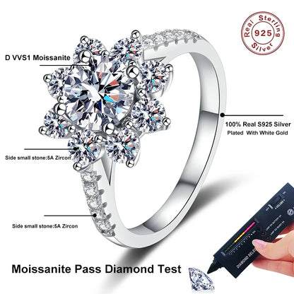 1ct 2ct Moissanite Eternity Ring 925 Sterling Silver with Gold Plated Wedding Flower Lab Diamond Rings For Women Jewelry