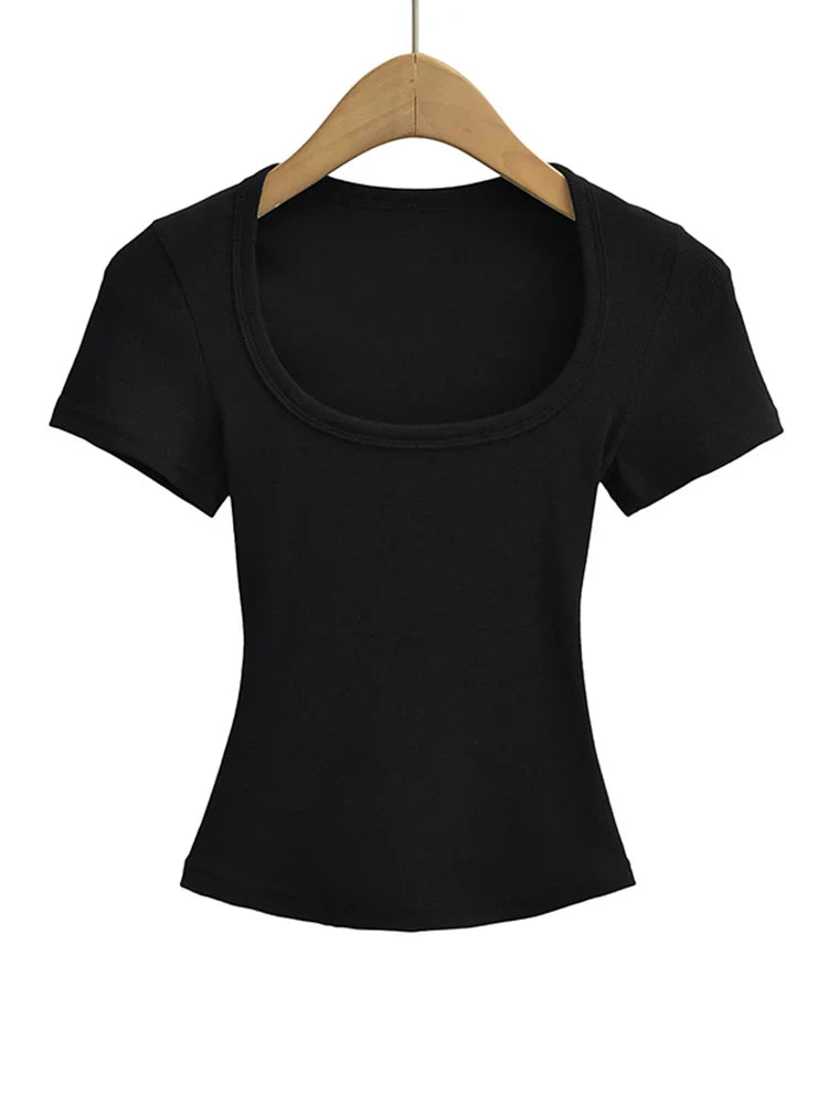 Women's Slim Fit Square Collar Crop Top High Stretch Short Sleeve Pullover Sexy Summer Blouse T-shirt for Bottoming