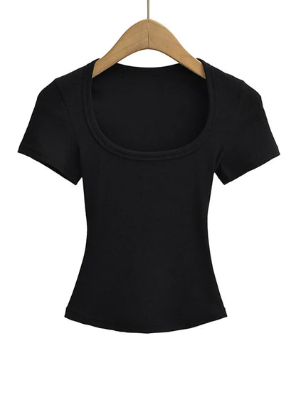 Women's Slim Fit Square Collar Crop Top High Stretch Short Sleeve Pullover Sexy Summer Blouse T-shirt for Bottoming