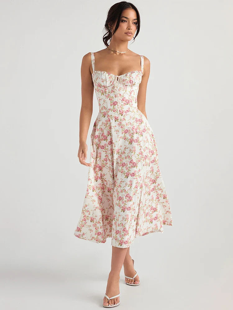 Women's Summer Floral Print Dresses Sweet Elegant Midi Holiday Dress Casual Slit Blue Lace Up Dresses 2023