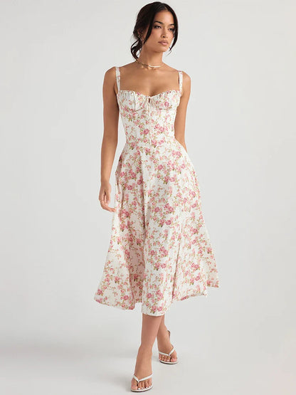 Women's Summer Floral Print Dresses Sweet Elegant Midi Holiday Dress Casual Slit Blue Lace Up Dresses 2023