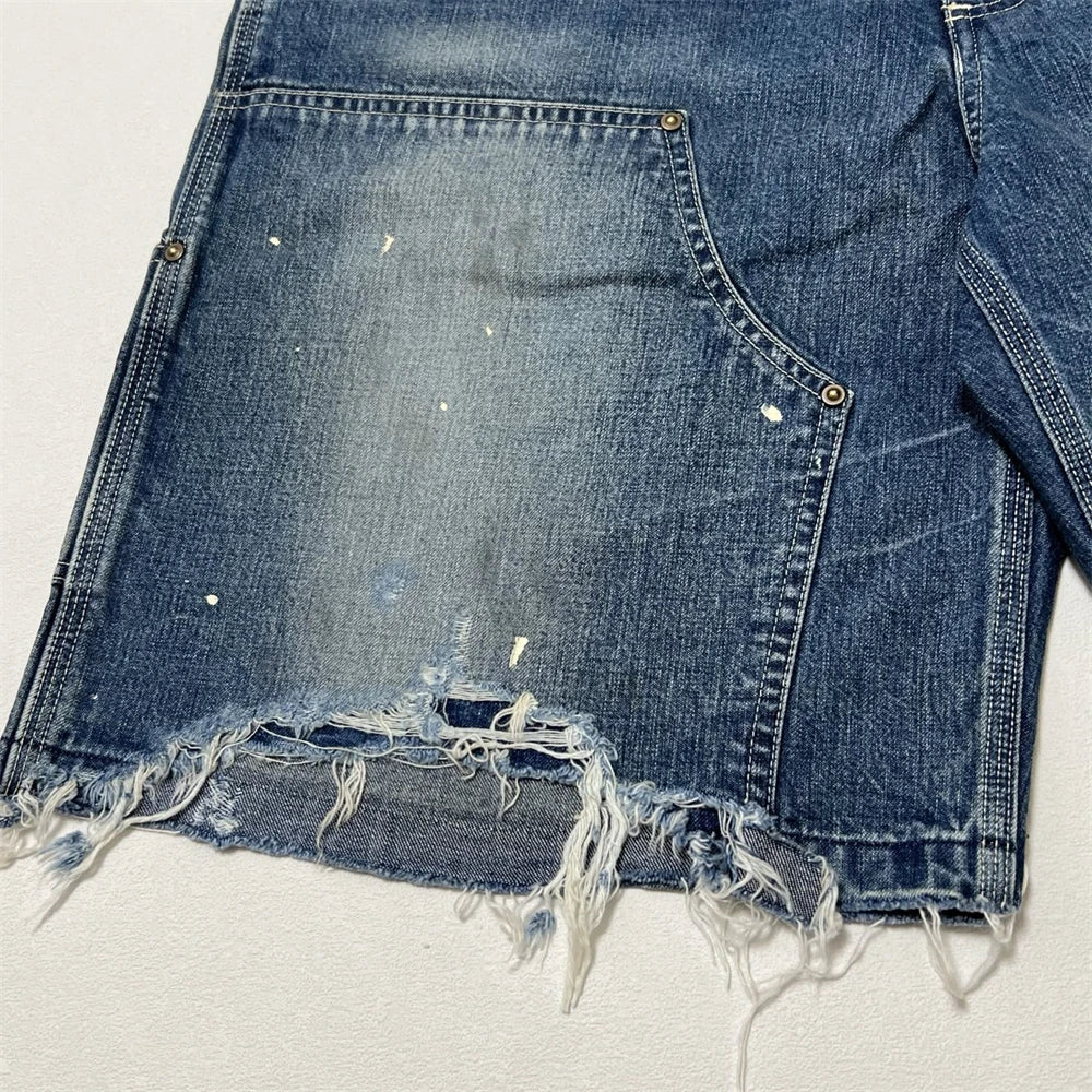 Black Nice Washed Damaged Saint DOUBLE KNEE Zipper Denim Shorts Men Women Oversized Shorts