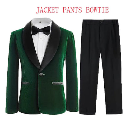 Boys Velvet Blazer Jacket Pants Bowtie 3PCS Photograph Suit Kids 1Year Birthday Dress Children Wedding Performance Evening Set