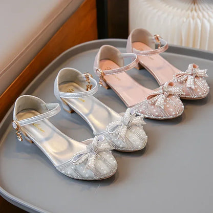 Girls' Bow Sandals Fashion Princess Shoes for Party Wedding 2025 Summer New Kids Rhinestone High Heels Children's Leather Shoes
