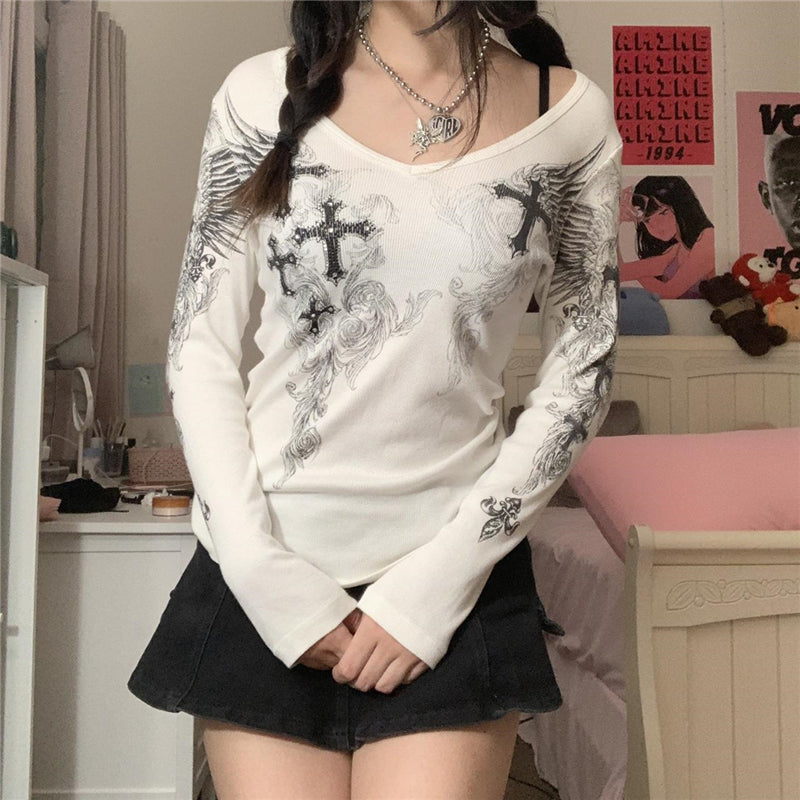 Y2k Graphic Cross Wings Print Long Sleeve Women Grunge Fairy T-shirt Harajuku Tee 2000s Aesthetic Punk Style Clothes Streetwear