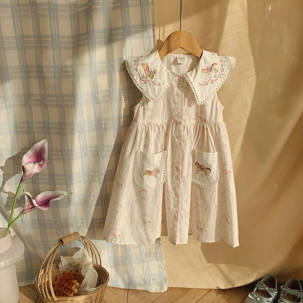 New Summer Girls' Clothing for 2-7 Years Old Korean Version Fashionable Daily Pony Embroidery Lapel Sleeveless Printed Dress