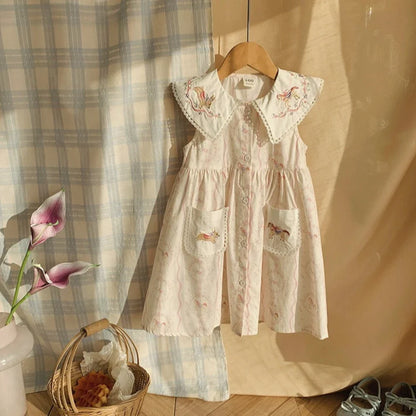 New Summer Girls' Clothing for 2-7 Years Old Korean Version Fashionable Daily Pony Embroidery Lapel Sleeveless Printed Dress