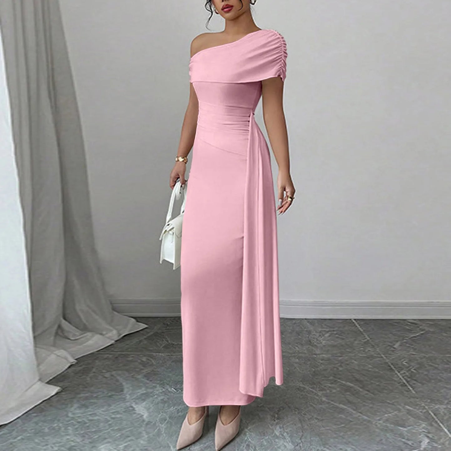 Vestidos Longos de Festa Sensuais para Mulheres, Vestido de Cor Sólida sem Mangas com Decote Diagonal, Vestido Maxi Plissado Justo, Vestido Bodycon Moderno