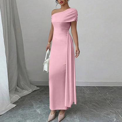 Vestidos Longos de Festa Sensuais para Mulheres, Vestido de Cor Sólida sem Mangas com Decote Diagonal, Vestido Maxi Plissado Justo, Vestido Bodycon Moderno